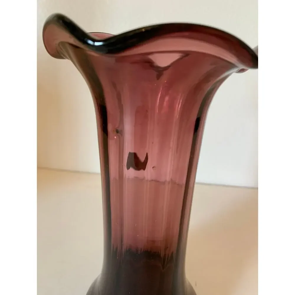 Vintage Beacon Purple Amethyst Blown Glass Vase Ruffled rim